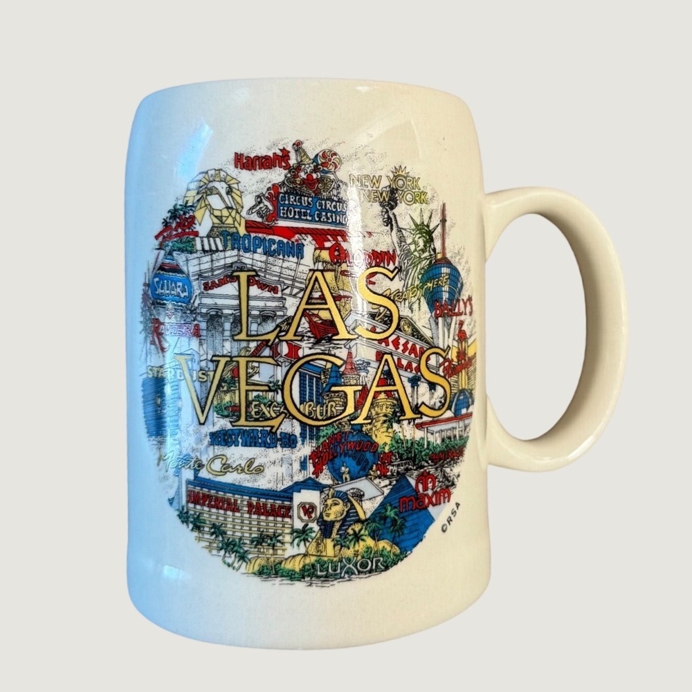 Vintage Las Vegas Souvenir Coffee Mug Ceramic Strip Landmarks RSA Cream 12oz